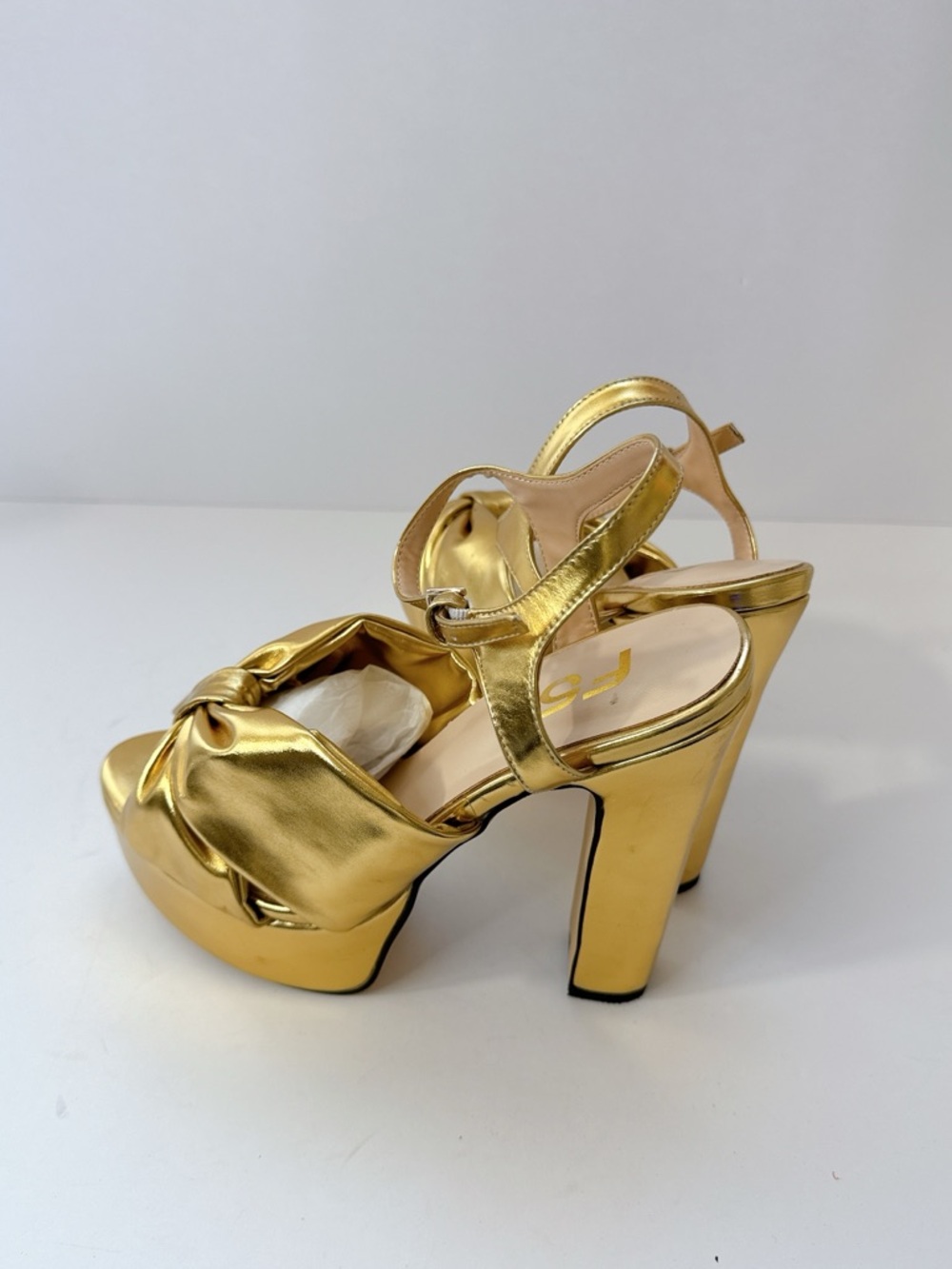 Size 7 FSJ Gold Bow Platform Heels Women’s Metallic Slingback Pumps Party Shoes - Picture 4 of 14